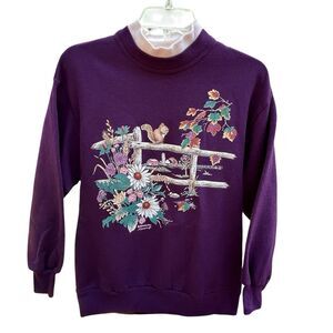 Vtg Sweatshirt-Fall Farm Squirrel Flower Scene-Plum-Grandmacore-Morning Sun-Smal